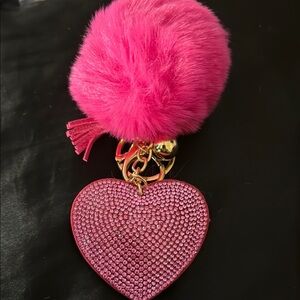 Pink Heart Key Holder with Pom Pom